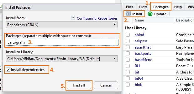 RStudio 1 - Tutorial Membuat Visualisasi Kartogram Dorling R - Install Packages